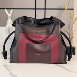 Loewe Large Flamenco Clutch In Marquetry Squares Motif Nappa Calfskin Black/Burgundy