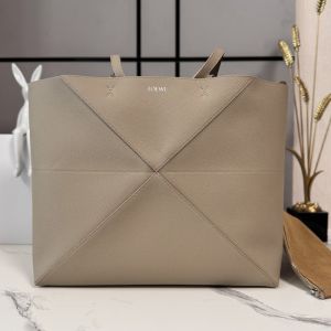 Loewe Large Horizontal Puzzle Fold Tote In Soft Grained Calfskin Clay Green