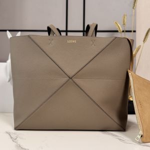 Loewe Large Horizontal Puzzle Fold Tote In Soft Grained Calfskin Taupe