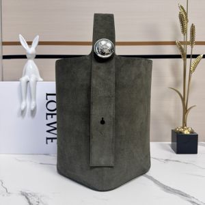 Loewe Large Pebble Bucket Bag In Suede Dark Olive