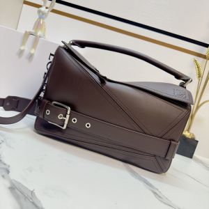 Loewe Large Puzzle Biker Bag In Shiny Calfskin Dark Chestnut