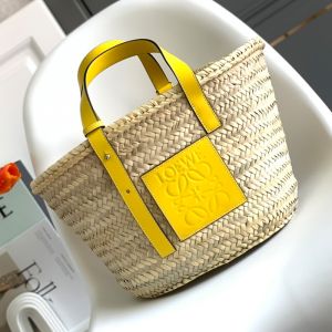 Loewe Medium Basket Bag In Palm Leaf and Calfskin Beige/Yellow