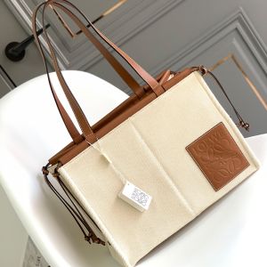 Loewe Medium Cushion Tote Bag In Canvas and Calfskin Beige/Brown