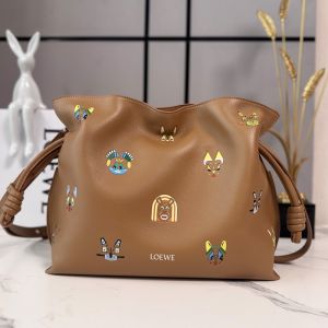 Loewe Medium Flamenco Clutch In Futurist Cats Motif Nappa Calfskin Mocha