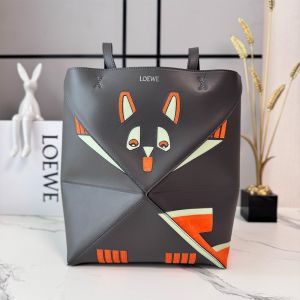 Loewe Medium Puzzle Fold Tote In Futurist Cat Motif Nappa Calfskin Deep Grey