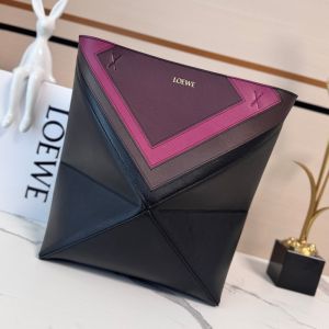 Loewe Medium Puzzle Fold Tote In Marquetry Squares Motif Nappa Calfskin Black/Burgundy