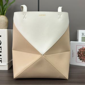 Loewe Medium Puzzle Fold Tote In Bicolor Calfskin Apricot/White