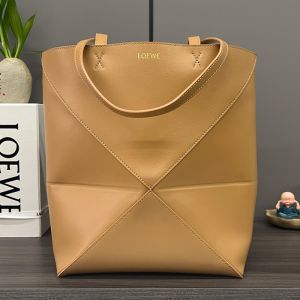 Loewe Medium Puzzle Fold Tote In Shiny Calfskin Warm Desert