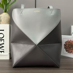 Loewe Medium Puzzle Fold Tote In Bicolor Calfskin Dark Grey/Grey