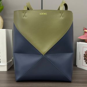 Loewe Medium Puzzle Fold Tote In Bicolor Calfskin Navy Blue/Olive
