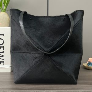 Loewe Medium Puzzle Fold Tote In Suede Black
