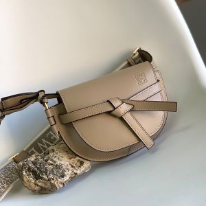 Loewe Mini Gate Dual Bag with Jacquard Strap In Soft Calfskin Dark Beige