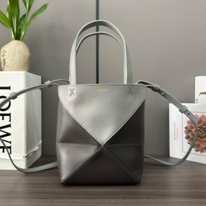 Loewe Mini Puzzle Fold Tote In Bicolor Calfskin Dark Grey/Grey