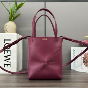 Loewe Mini Puzzle Fold Tote In Shiny Calfskin Crimson