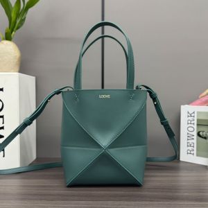 Loewe Mini Puzzle Fold Tote In Shiny Calfskin Teal
