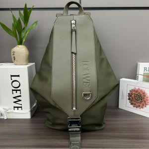 Loewe Small Convertible Backpack In Nylon and Calfskin Khaki Green