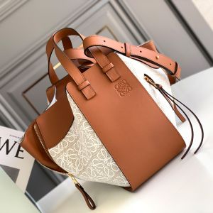 Loewe Small Hammock Bag In Classic Calfskin and Anagram Jacquard Brown/Beige