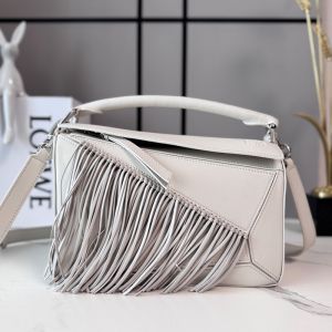 Loewe Small Puzzle Bag In Fringes Motif Classic Calfskin Soft White/Light Ghost
