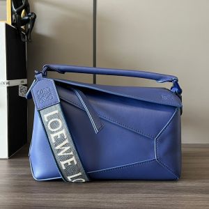 Loewe Small Puzzle Edge Bag with Jacquard Strap In Satin Calfskin Blue