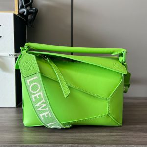 Loewe Small Puzzle Edge Bag with Jacquard Strap In Satin Calfskin Pea Green Glaze