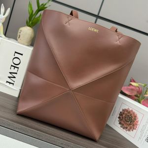 Loewe XL Puzzle Fold Tote In Shiny Calfskin Brownie
