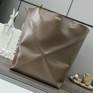 Loewe XL Puzzle Fold Tote In Shiny Calfskin Umber
