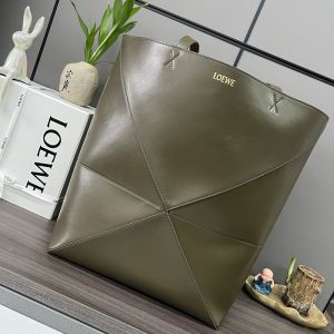 Loewe XL Puzzle Fold Tote In Shiny Calfskin Khaki Green